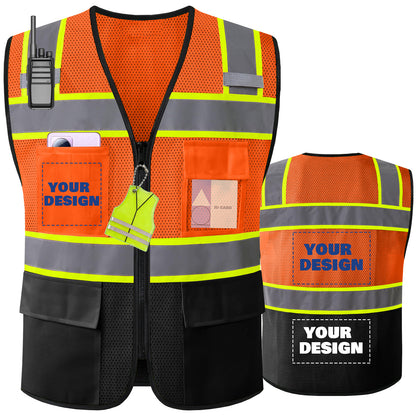 Shmimy Custom Logo High Visibility Reflective Safety Vest Class 2 - Unisex Adult Workwear with Zipper & 9 Pockets for Construction & Security