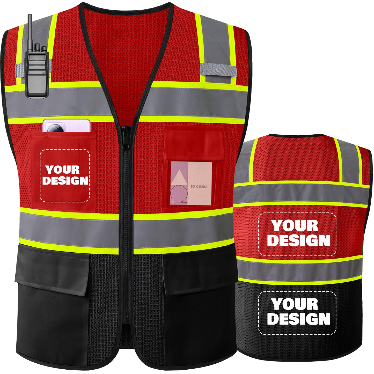 Shmimy Custom Logo High Visibility Reflective Safety Vest Class 2 - Unisex Adult Workwear with Zipper & 9 Pockets for Construction & Security