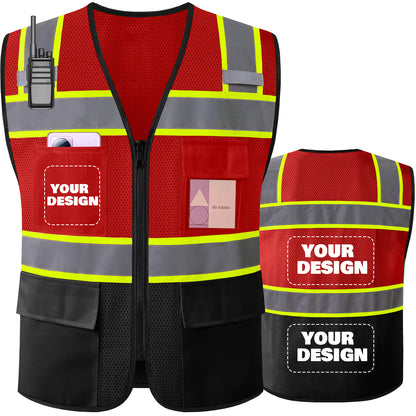 Shmimy Custom Logo High Visibility Reflective Safety Vest Class 2 - Unisex Adult Workwear with Zipper & 9 Pockets for Construction & Security