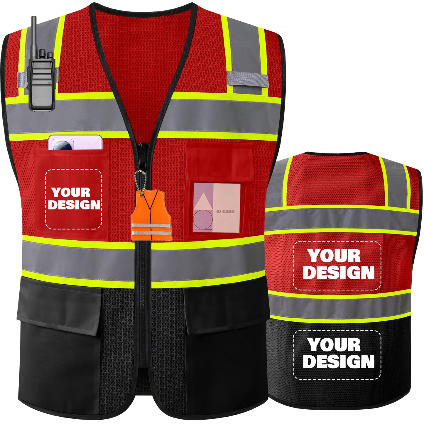 Shmimy Custom Logo High Visibility Reflective Safety Vest Class 2 - Unisex Adult Workwear with Zipper & 9 Pockets for Construction & Security