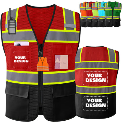 Shmimy Custom Logo High Visibility Reflective Safety Vest Class 2 - Unisex Adult Workwear with Zipper & 9 Pockets for Construction & Security