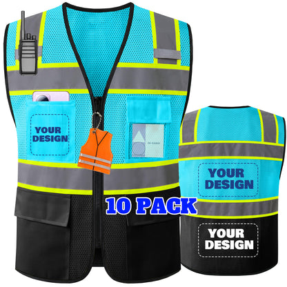 Shmimy Custom Logo High Visibility Reflective Safety Vest Class 2 - Unisex Adult Workwear with Zipper & 9 Pockets for Construction & Security