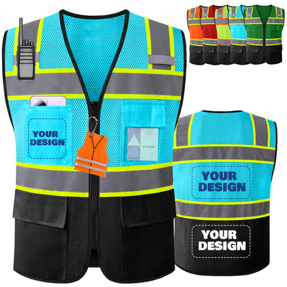 Shmimy Custom Logo High Visibility Reflective Safety Vest Class 2 - Unisex Adult Workwear with Zipper & 9 Pockets for Construction & Security