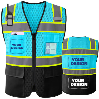 Shmimy Custom Logo High Visibility Reflective Safety Vest Class 2 - Unisex Adult Workwear with Zipper & 9 Pockets for Construction & Security