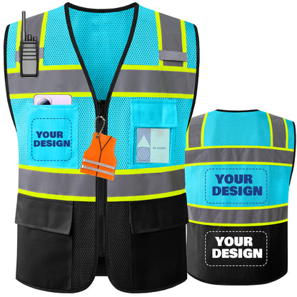 Shmimy Custom Logo High Visibility Reflective Safety Vest Class 2 - Unisex Adult Workwear with Zipper & 9 Pockets for Construction & Security