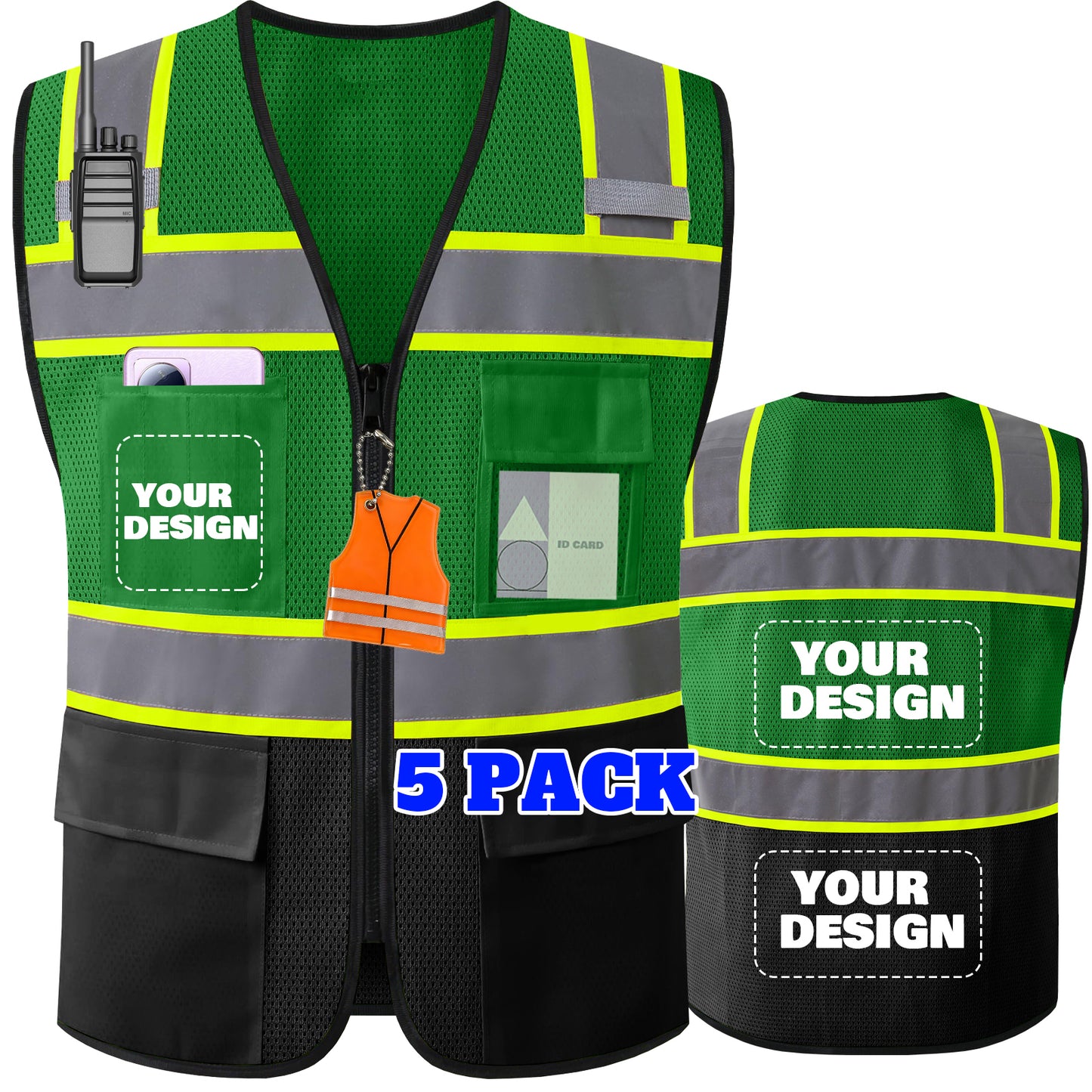 Shmimy Custom Logo High Visibility Reflective Safety Vest Class 2 - Unisex Adult Workwear with Zipper & 9 Pockets for Construction & Security