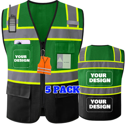 Shmimy Custom Logo High Visibility Reflective Safety Vest Class 2 - Unisex Adult Workwear with Zipper & 9 Pockets for Construction & Security