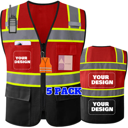 Shmimy Custom Logo High Visibility Reflective Safety Vest Class 2 - Unisex Adult Workwear with Zipper & 9 Pockets for Construction & Security