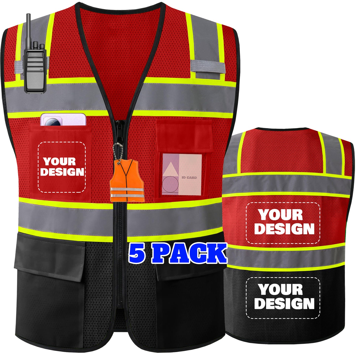 Shmimy Custom Logo High Visibility Reflective Safety Vest Class 2 - Unisex Adult Workwear with Zipper & 9 Pockets for Construction & Security