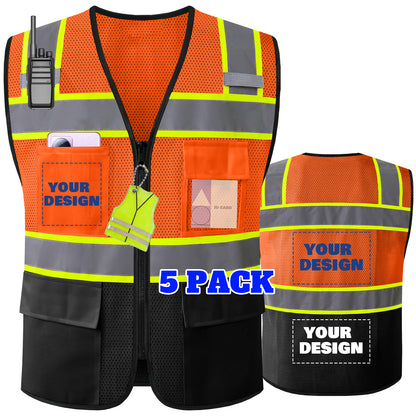 Shmimy Custom Logo High Visibility Reflective Safety Vest Class 2 - Unisex Adult Workwear with Zipper & 9 Pockets for Construction & Security
