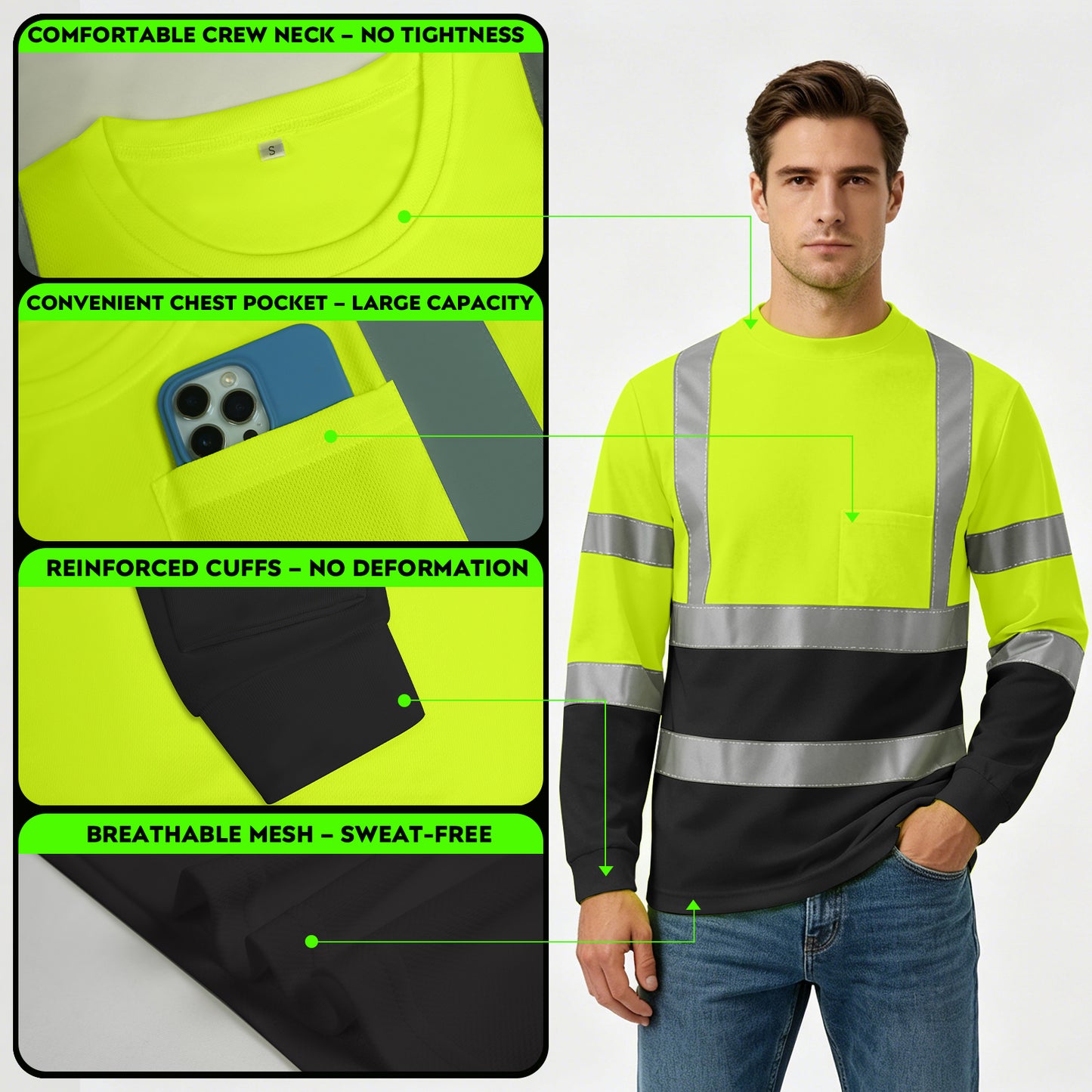 Shmimy Custom Safety Shirts, ANSI Class 3 Reflective Work Shirts Long Sleeve Crewneck T-Shirt