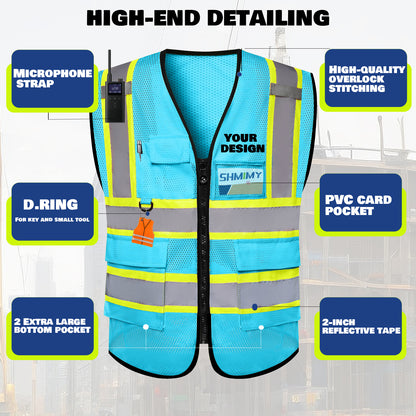 Shmimy Custom Mesh Safety Vest with 5 Pockets Class 2 Adult Unisex Construction Security Workwear