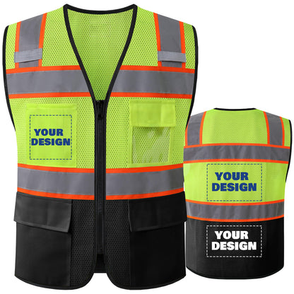 Shmimy Custom Logo High Visibility Reflective Safety Vest Class 2 - Unisex Adult Workwear with Zipper & 9 Pockets for Construction & Security