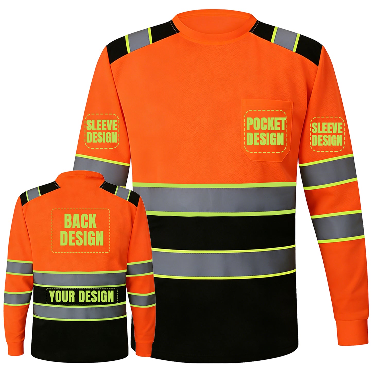 Shmimy Custom Logo High Visibility Safety Shirts, ANSI Class 3 Reflective Work Shirts Long Sleeve Crewneck T-Shirt