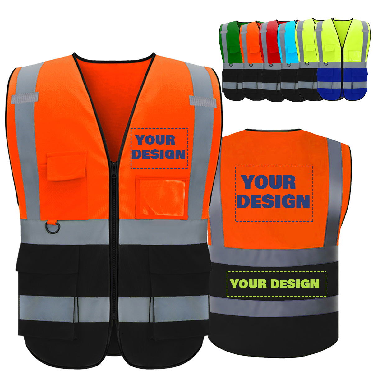 Custom Logo High Visibility Reflective Safety Vest Class 2 - Unisex Adult Workwear with Zipper & 9 Pockets for Construction & Security