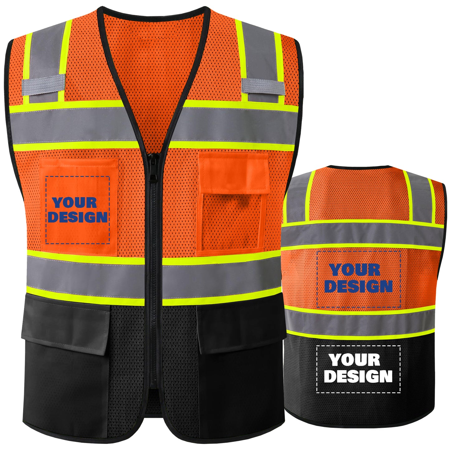 Shmimy Custom Logo High Visibility Reflective Safety Vest Class 2 - Unisex Adult Workwear with Zipper & 9 Pockets for Construction & Security