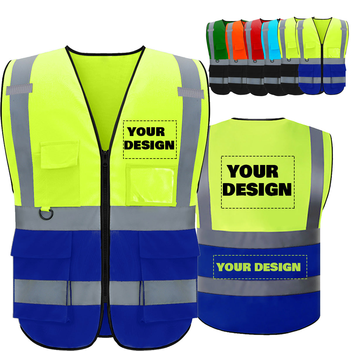 Custom Logo High Visibility Reflective Safety Vest Class 2 - Unisex Adult Workwear with Zipper & 9 Pockets for Construction & Security