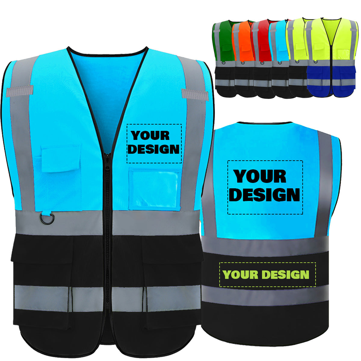 Custom Logo High Visibility Reflective Safety Vest Class 2 - Unisex Adult Workwear with Zipper & 9 Pockets for Construction & Security