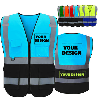 Custom Logo High Visibility Reflective Safety Vest Class 2 - Unisex Adult Workwear with Zipper & 9 Pockets for Construction & Security