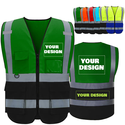 Custom Logo High Visibility Reflective Safety Vest Class 2 - Unisex Adult Workwear with Zipper & 9 Pockets for Construction & Security