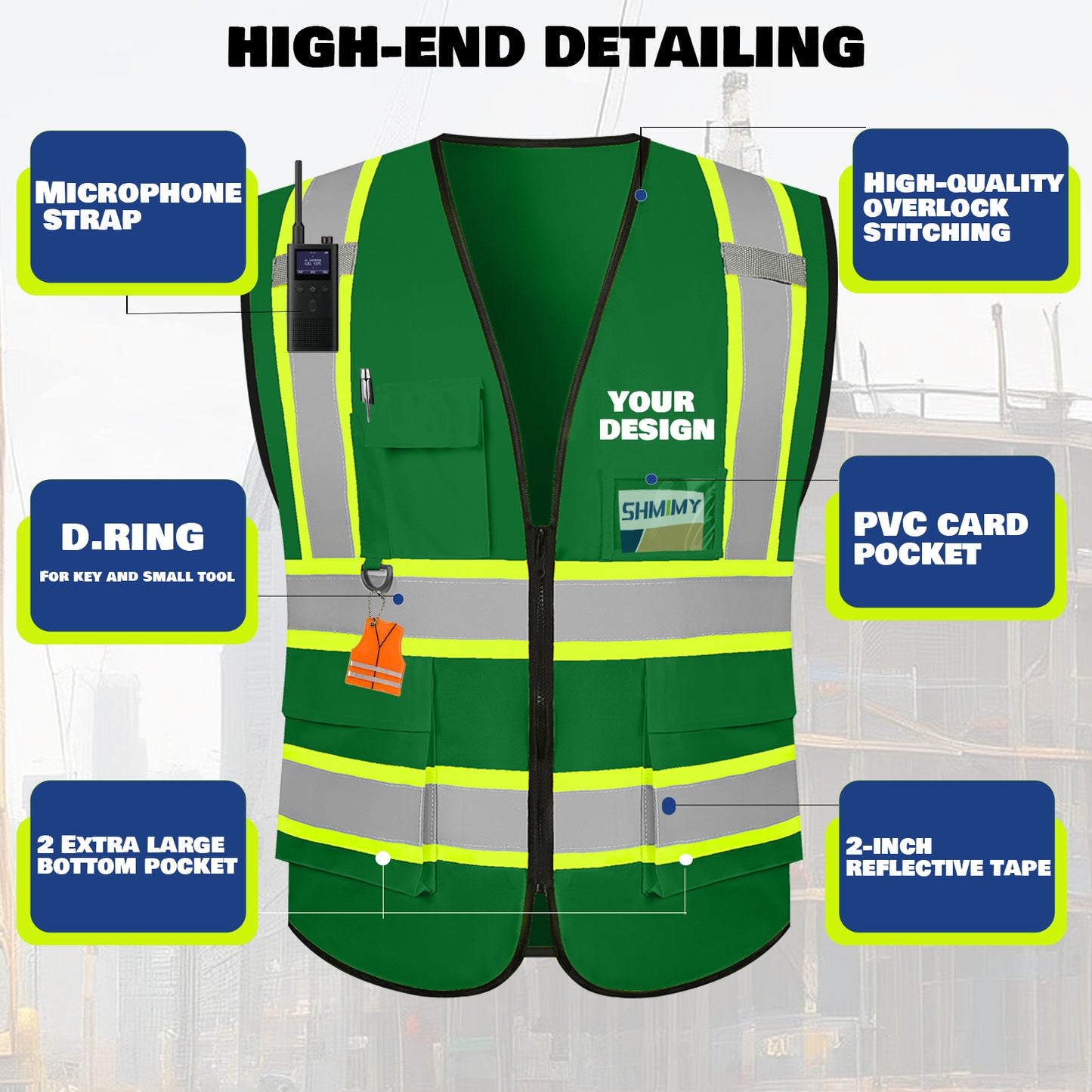 Shmimy Custom Safety Vest with 5 Pockets Class 2 Adult Unisex Construction Security Workwear