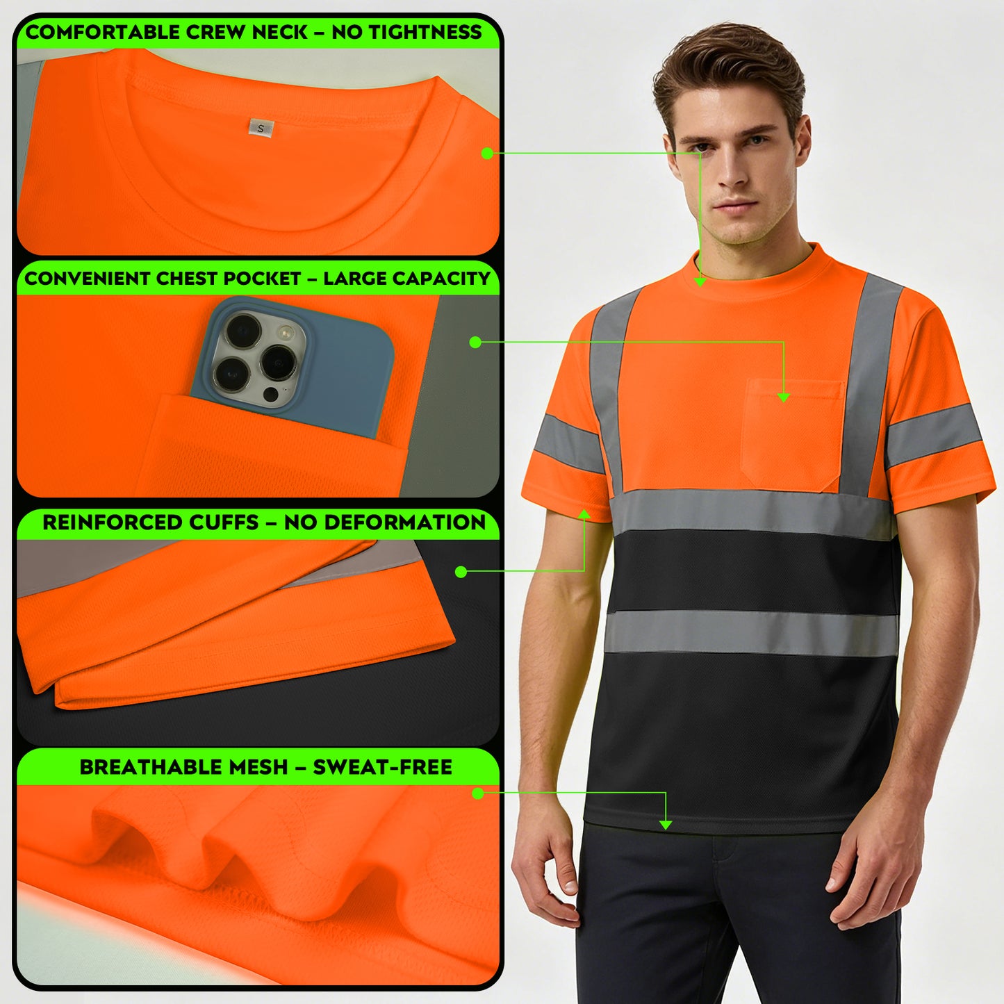 Shmimy Custom Logo High Visibility Shirts Class 3 Short Sleeve Reflective Shirts ANSI with Pocket Safety Shirts