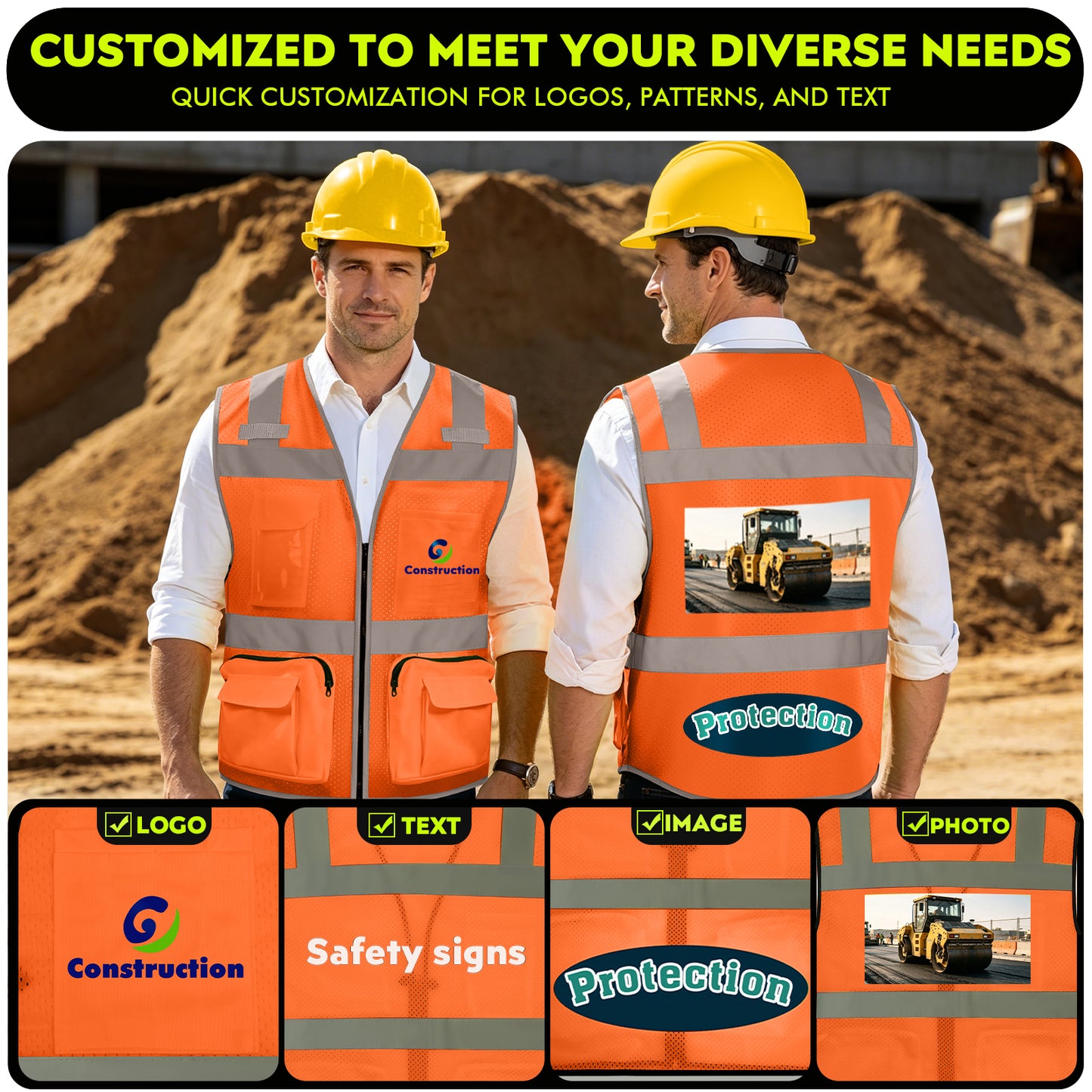 Shmimy Custom Logo Safety Vest 8-Pockets Class 2 High Visibility Reflective Vest for Men - Personalized Logo Team Vest