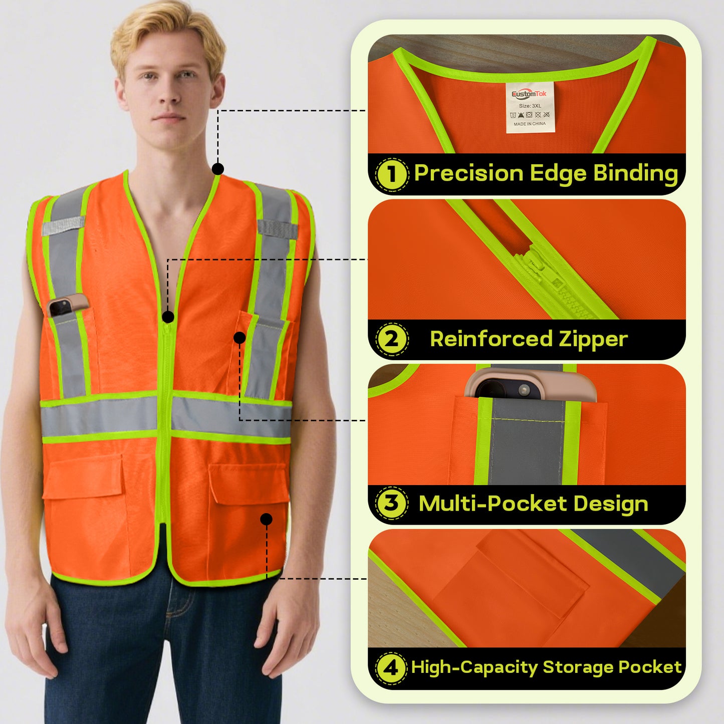 Shmimy Custom High Visibility Safety Vest, Class 2 Reflective Work Vest With Pockets, Custom Logo Construction Workwear