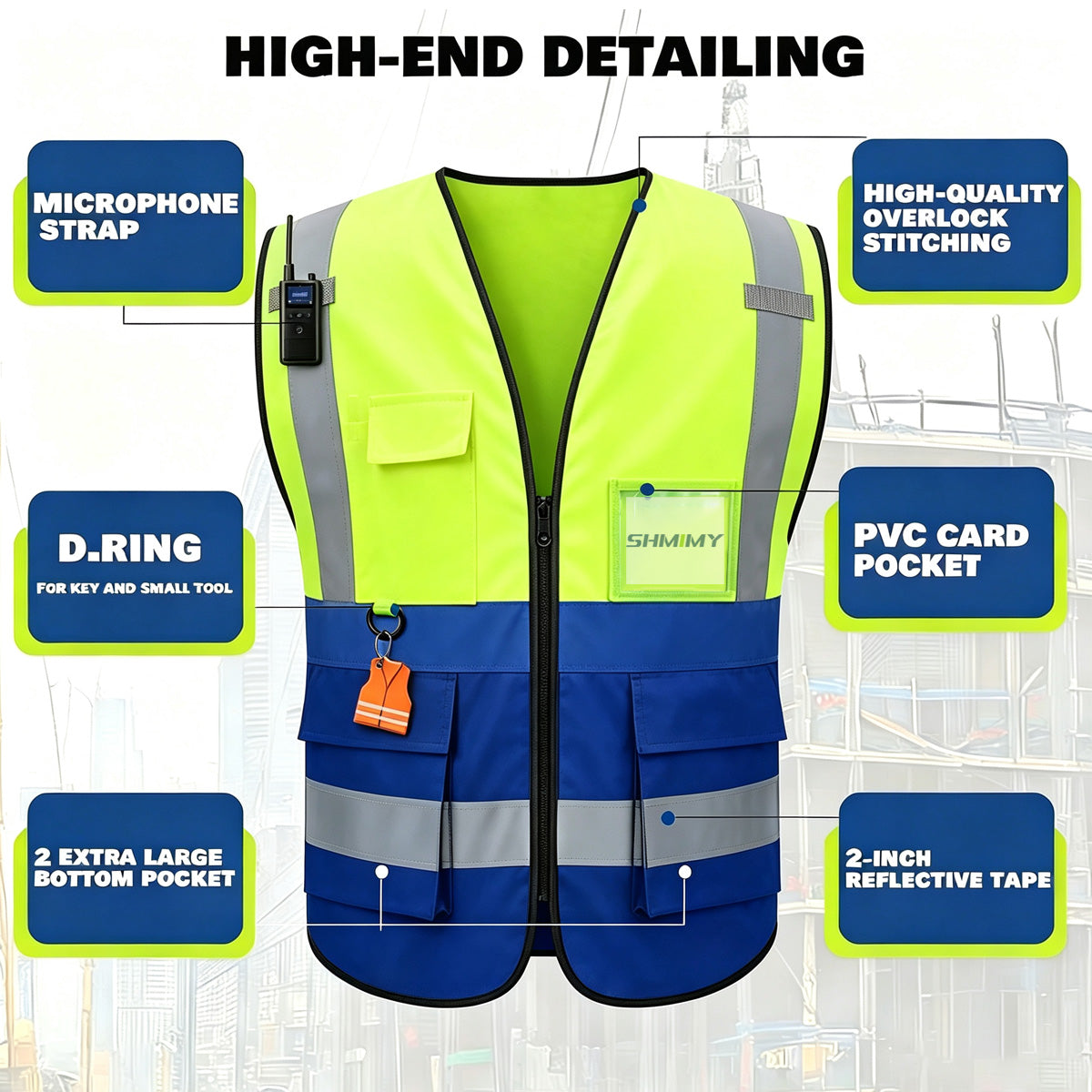 Custom Logo High Visibility Reflective Safety Vest Class 2 - Unisex Adult Workwear with Zipper & 9 Pockets for Construction & Security