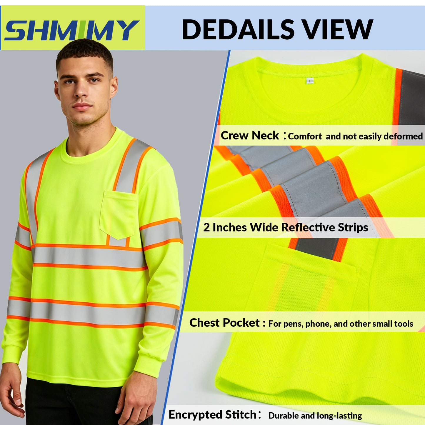 Shmimy Custom Logo High Visibility Safety Shirts, ANSI Class 3 Reflective Work Shirts Long Sleeve Crewneck T-Shirt