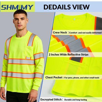 Shmimy Custom Logo High Visibility Safety Shirts, ANSI Class 3 Reflective Work Shirts Long Sleeve Crewneck T-Shirt