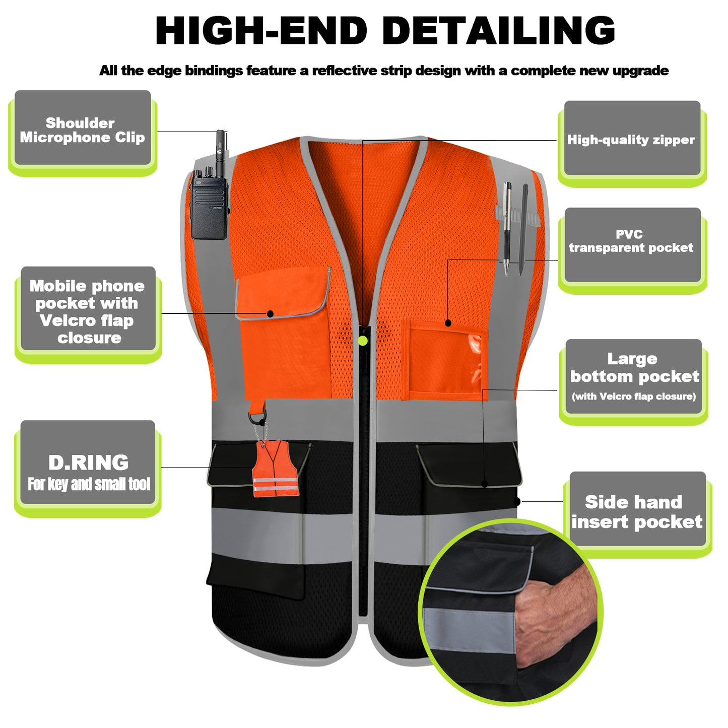 Shmimy 6 Pockets Custom Safety Vest Customized Logo Class 2 High Visibility Reflective Vest