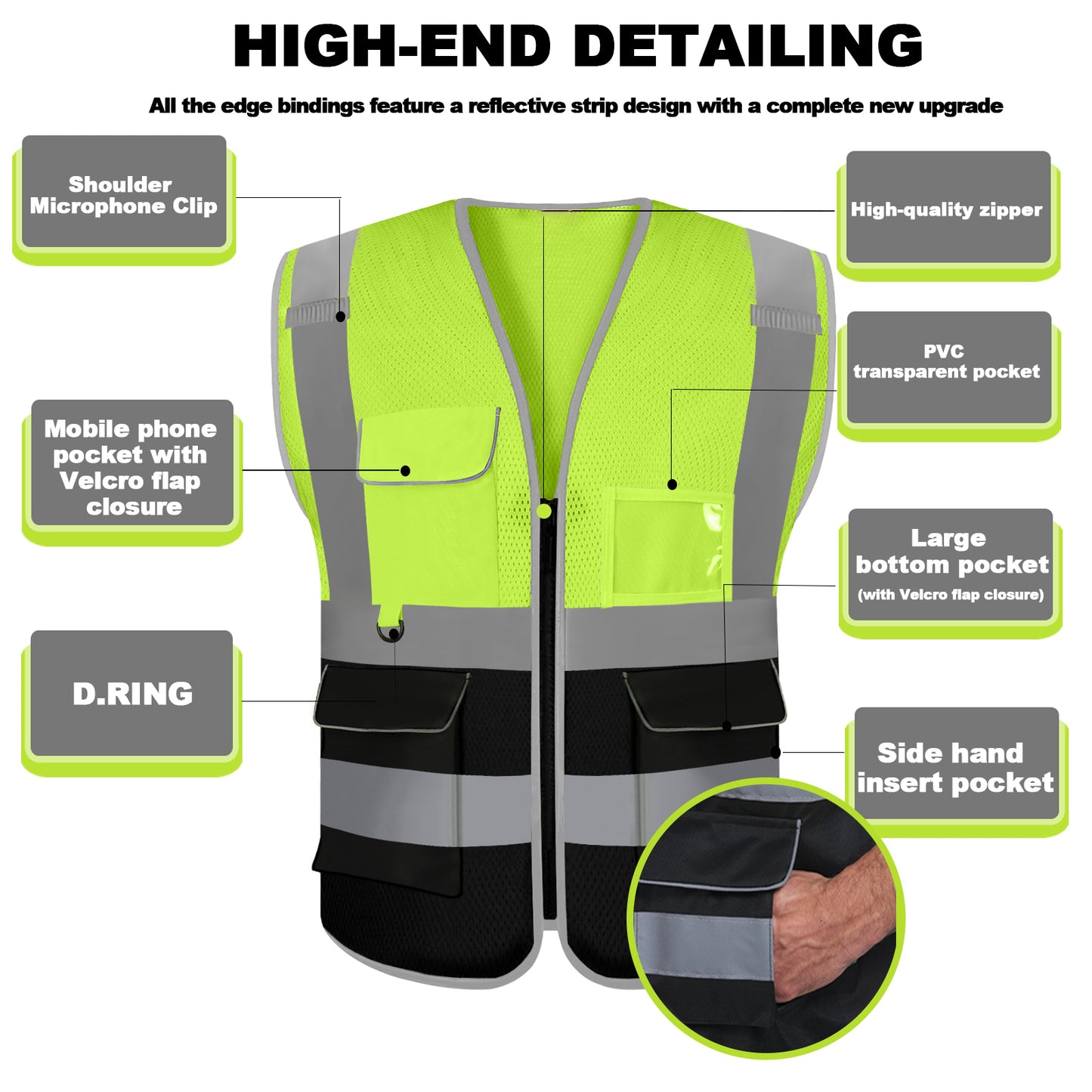 Shmimy 6 Pockets Custom Safety Vest Customized Logo Class 2 High Visibility Reflective Vest