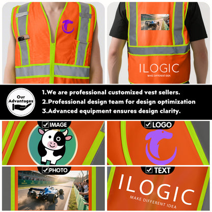 Shmimy Custom High Visibility Safety Vest, Class 2 Reflective Work Vest With Pockets, Custom Logo Construction Workwear