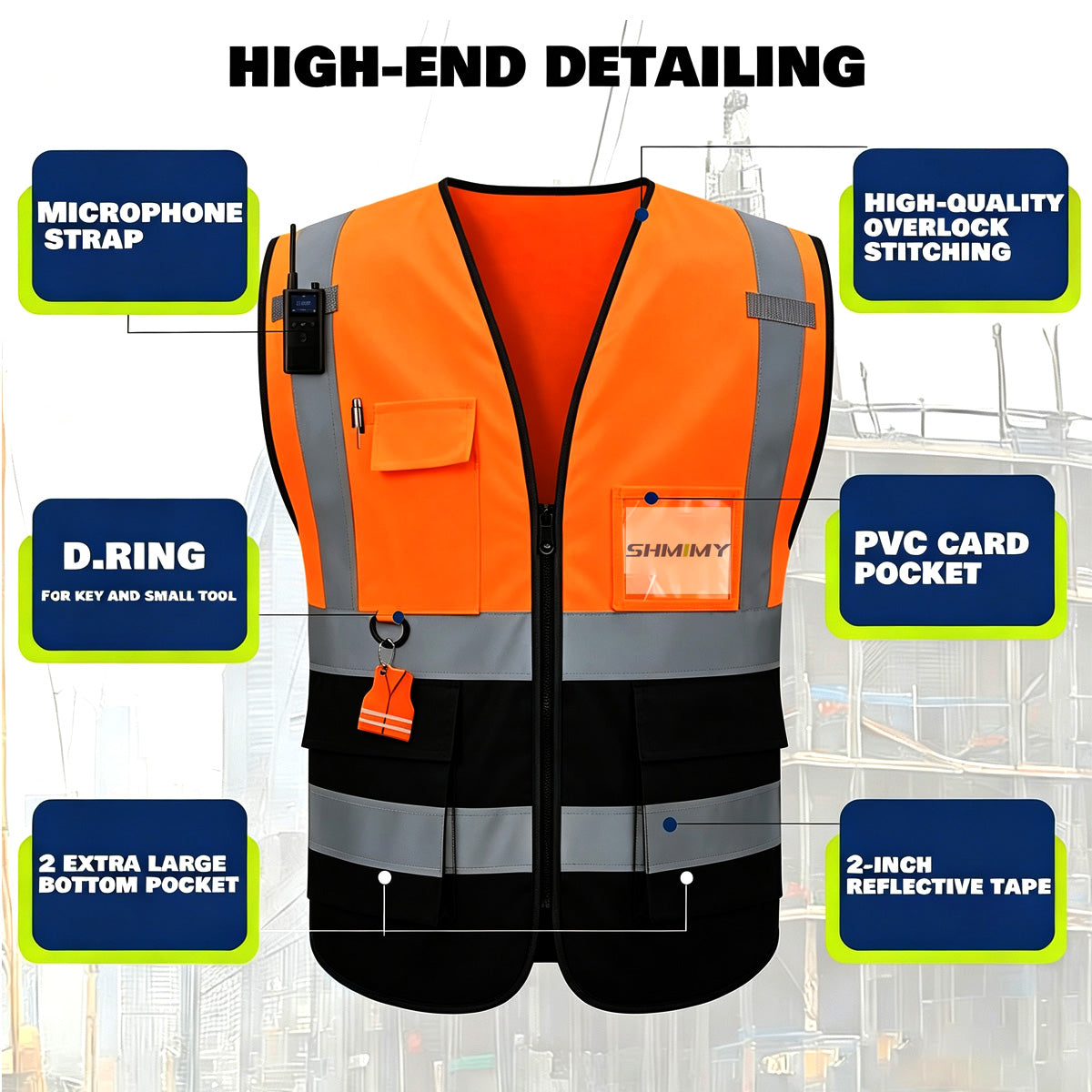 Custom Logo High Visibility Reflective Safety Vest Class 2 - Unisex Adult Workwear with Zipper & 9 Pockets for Construction & Security