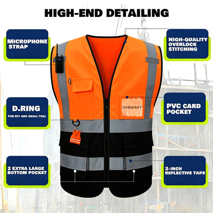 Custom Logo High Visibility Reflective Safety Vest Class 2 - Unisex Adult Workwear with Zipper & 9 Pockets for Construction & Security