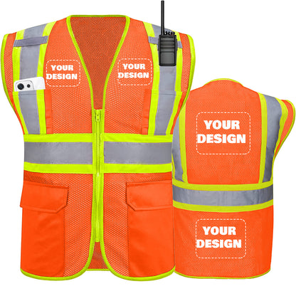 Shmimy Custom High Visibility Safety Vest, Class 2 Reflective Work Vest With Pockets, Custom Logo Construction Workwear
