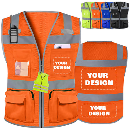 Shmimy Custom Logo Safety Vest 8-Pockets Class 2 High Visibility Reflective Vest for Men - Personalized Logo Team Vest