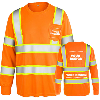 Shmimy Custom Logo High Visibility Safety Shirts, ANSI Class 3 Reflective Work Shirts Long Sleeve Crewneck T-Shirt