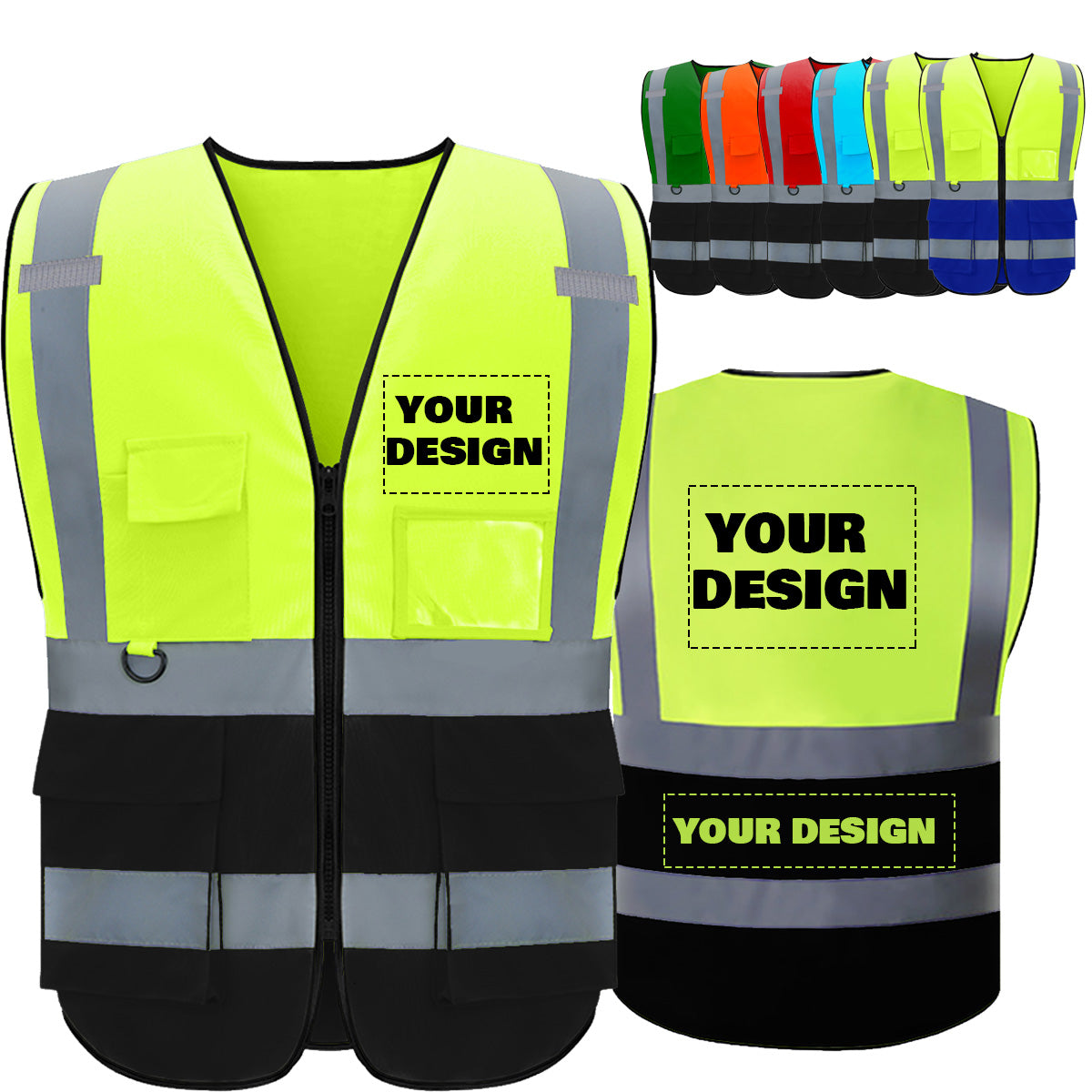 Custom Logo High Visibility Reflective Safety Vest Class 2 - Unisex Adult Workwear with Zipper & 9 Pockets for Construction & Security