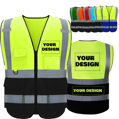 Custom Logo High Visibility Reflective Safety Vest Class 2 - Unisex Adult Workwear with Zipper & 9 Pockets for Construction & Security