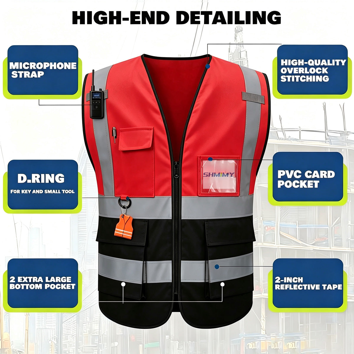 Custom Logo High Visibility Reflective Safety Vest Class 2 - Unisex Adult Workwear with Zipper & 9 Pockets for Construction & Security