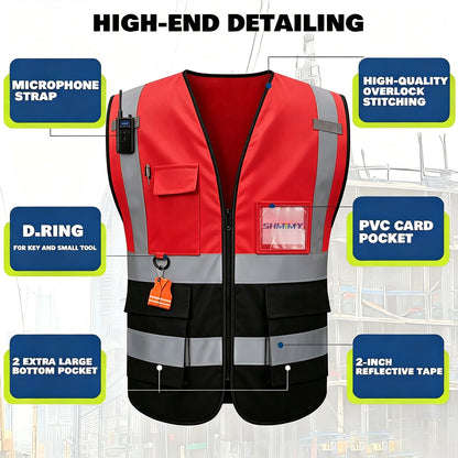 Custom Logo High Visibility Reflective Safety Vest Class 2 - Unisex Adult Workwear with Zipper & 9 Pockets for Construction & Security