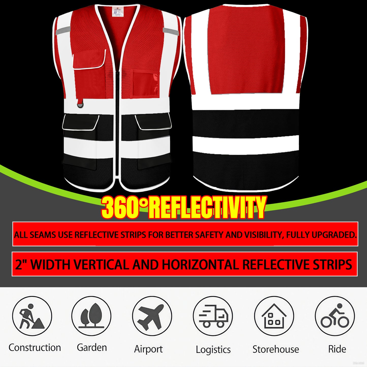 Shmimy 6 Pockets Custom Safety Vest Customized Logo Class 2 High Visibility Reflective Vest