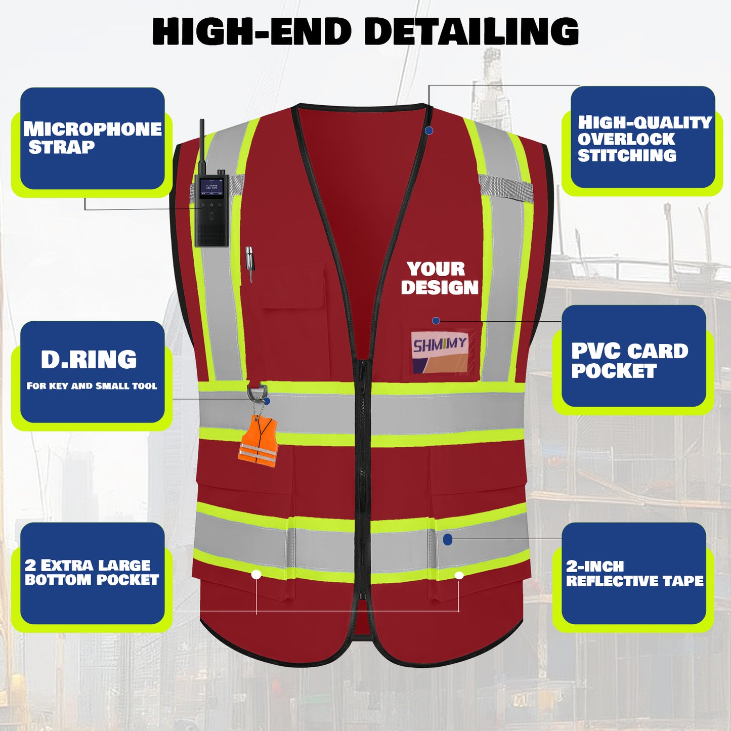 Shmimy Custom Safety Vest with 5 Pockets Class 2 Adult Unisex Construction Security Workwear
