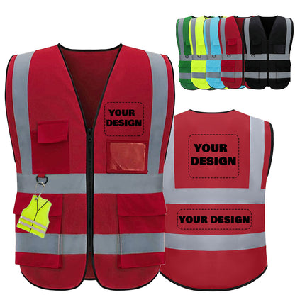 Shmimy Custom Logo Reflective Vest, Class 2 Safety Vests with 5 Pockets Zipper High Visibility