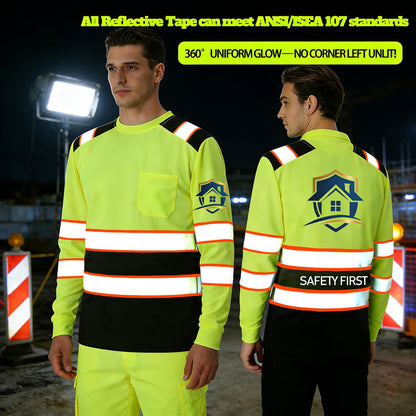 Shmimy Custom Logo High Visibility Safety Shirts, ANSI Class 3 Reflective Work Shirts Long Sleeve Crewneck T-Shirt