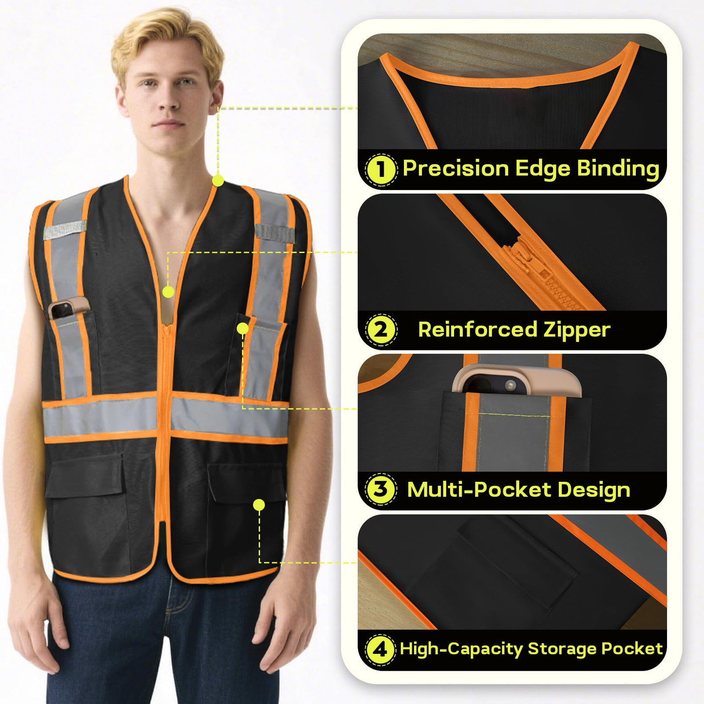 Shmimy Custom High Visibility Safety Vest, Class 2 Reflective Work Vest With Pockets, Custom Logo Construction Workwear