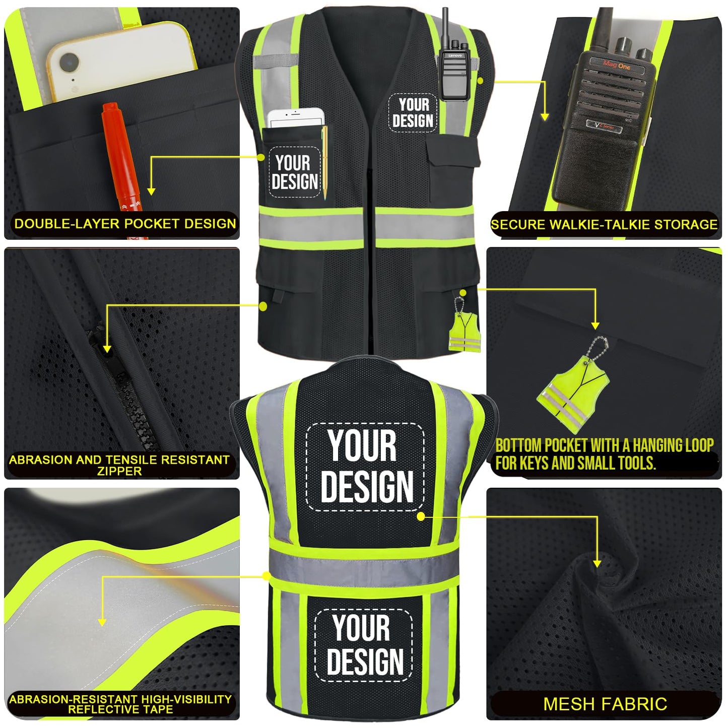 Shmimy Custom Safety Vest Customized Logo Class 2 High Visibility Reflective Vest with 8 Pockets Construction workwear