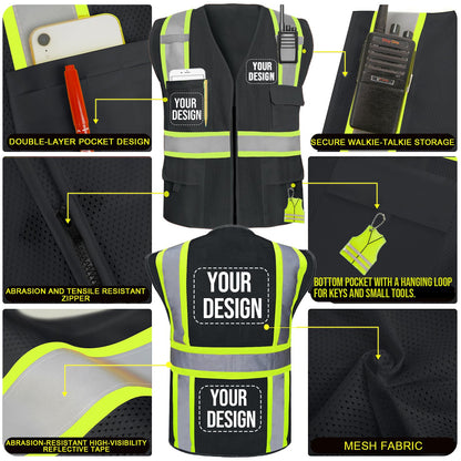 Shmimy Custom Safety Vest Customized Logo Class 2 High Visibility Reflective Vest with 8 Pockets Construction workwear